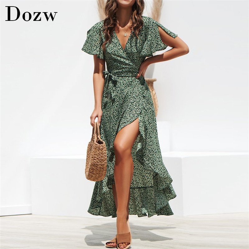 Summer Beach Maxi Dress Women Floral Print Boho Long Chiffon Dress Ruffles Wrap Casual V-Neck Split Sexy Party Dress Robe 1 Summer Beach Maxi Dress Women Floral Print Boho Long Chiffon Dress Ruffles Wrap Casual V-Neck Split Sexy Party Dress Robe 1