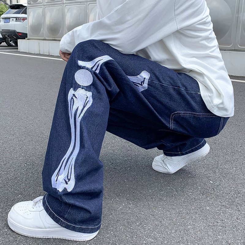 Straight Jean Pants Man Skeleton Embroidery Mopping Trousers Mens Streetwear Denim Pants Men's Clothing Jeans for Men Man Baggy 1